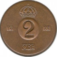 Монета 2 эре.1965 год, Швеция. (U).