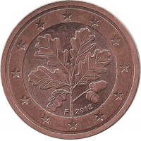 Монета 2 цента. 2012 год (F), Германия.  
