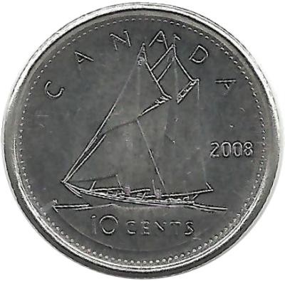 Шхуна Bluenose. Гафельная двухмачтовая шхуна Блюноуз. Монета 10 центов. 2008 год, Канада.  