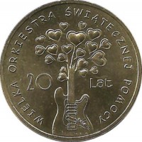 20 лет Великого Оркестра Рождественской Благотворительности.  Монета 2 злотых  2012 год, Польша.