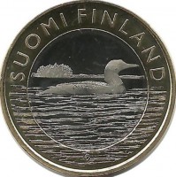 Чернозобая гагара. ММонета 5 евро 2014 г. Финляндия.UNC.