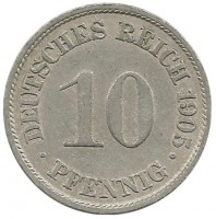 Монета 10 пфеннигов.  1905 год (А) ,  Германская империя.