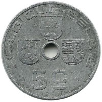Монета 5 сантимов.  1941 год, Бельгия.  (Belgique-Belgie)