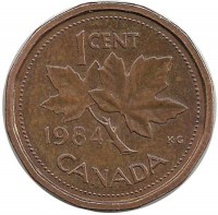 Монета 1 цент, 1984 год, Канада.