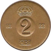 Монета 2 эре.1966 год, Швеция. (U).