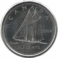 Шхуна Bluenose. Гафельная двухмачтовая шхуна Блюноуз. Монета 10 центов. 2014 год, Канада.  