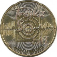 50 лет радио Тройка.  Монета 2 злотых  2012 год, Польша.