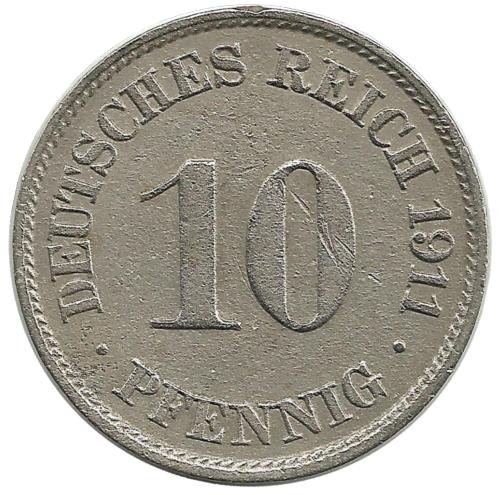 Монета 10 пфеннигов.  1911 год (J) ,  Германская империя.