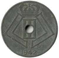 Монета 10 сантимов. 1942 год, Бельгия (Belgie-Belgique).