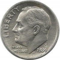 Франклин Д. Рузвельт. Монета 10 центов 1984г. (P.), CША. 