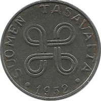 Монета 1 марка. 1952 год, Финляндия. Новый Тип.