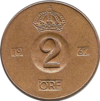 Монета 2 эре.1967 год, Швеция. (U).