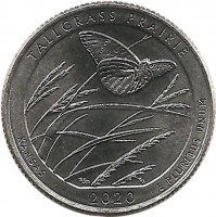 Национальный заповедник Толлграсс-Прери​ (Tallgrass Prairie​). Вермонт. Монета 25 центов (квотер), (D). 2020 год, США. UNC.