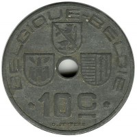Монета 10 сантимов. 1943 год, Бельгия.  (Belgique-Belgie).