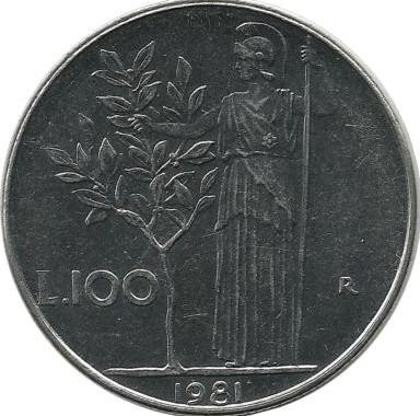 Монета 100 лир. 1981 год. Богиня мудрости Минерва рядом с оливковым деревом.  Италия. 