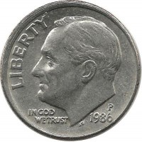 Франклин Д. Рузвельт. Монета 10 центов 1986г. (P.), CША. 
