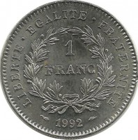 200 лет Французской Республике. Монета 1 франк.1992 год, Франция.