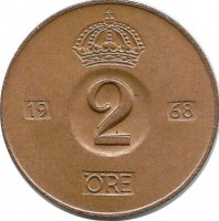 Монета 2 эре.1968 год, Швеция. (U).