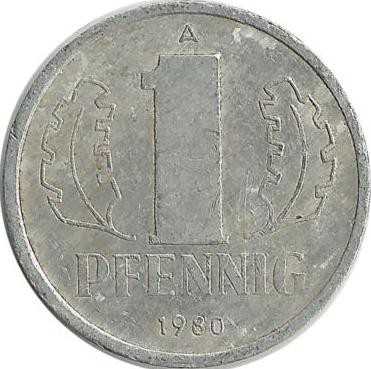 Монета 1 пфенниг.  1980 год, ГДР.