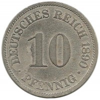 Монета 10 пфеннигов.  1890 год (A) ,  Германская империя.