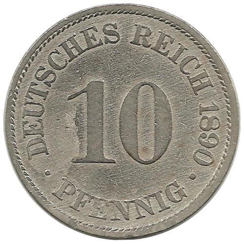 Монета 10 пфеннигов.  1890 год (A) ,  Германская империя.