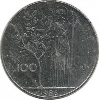 Монета 100 лир. 1985 год. Богиня мудрости Минерва рядом с оливковым деревом.  Италия. 