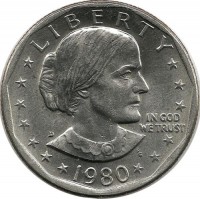 Сьюзен Энтони. Монета 1 доллар, 1980 год, Монетный двор D. США.