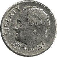 Франклин Д. Рузвельт. Монета 10 центов 1987г. (D.), CША. 