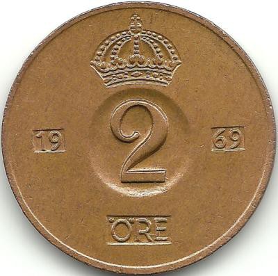 Монета 2 эре.1969 год, Швеция. (U).