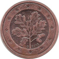 Монета 2 цента. 2013 год (G), Германия.  