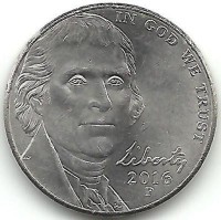 Томас Джефферсон. Монтичелло. Монета 5 центов 2016 год. (P.) ,CША. UNC.