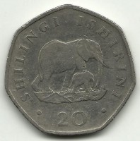Монета 20 шиллингов. 1990 год, Слоны. Танзания.