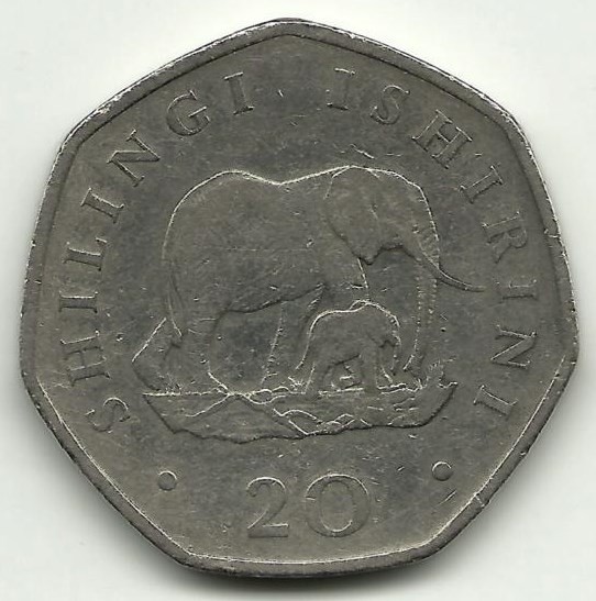 Монета 20 шиллингов. 1990 год, Слоны. Танзания.