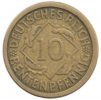 Монета 10  рентенпфеннигов. 1924 (J) год, Веймарская республика.