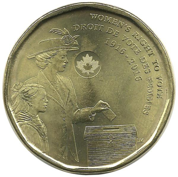 100 лет женскому избирательному праву. Монета 1 доллар. 2016 год, Канада. UNC.