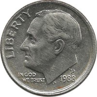 Франклин Д. Рузвельт. Монета 10 центов 1988г. (P.), CША. 