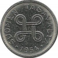 Монета 1 марка. 1954 год, Финляндия. 