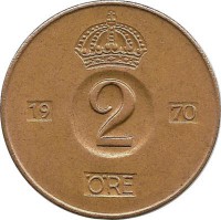 Монета 2 эре.1970 год, Швеция. (U).