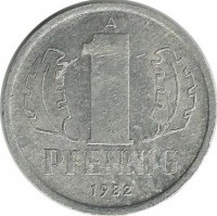Монета 1 пфенниг.  1982 год, ГДР.