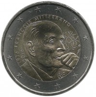100 лет со дня рождения Франсуа Миттерана. Монета 2 евро. 2016 год, Франция. UNC.