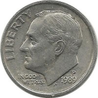 Франклин Д. Рузвельт. Монета 10 центов 1989г. (P.), CША. 