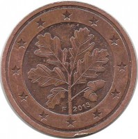 Монета 2 цента. 2013 год (F), Германия.  