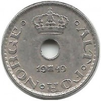 Монета 10 эре. 1949 год, Норвегия.  