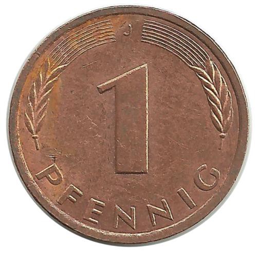 Монета 1 пфенниг. 1985 год (J), ФРГ. (Дубовые листья)