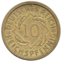 Монета 10 рейхспфеннигов. 1929 (А) год, Веймарская республика.