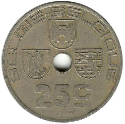 Монета 25 сантимов. 1938 год, Бельгия.  (Belgie-Belgique).