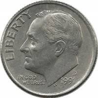 Франклин Д. Рузвельт. Монета 10 центов 1991г. (D.), CША. 