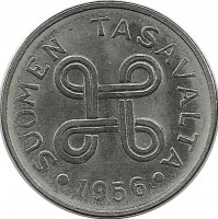 Монета 1 марка. 1956 год, Финляндия. 