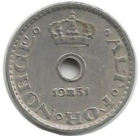 Монета 10 эре. 1951 год, Норвегия.   