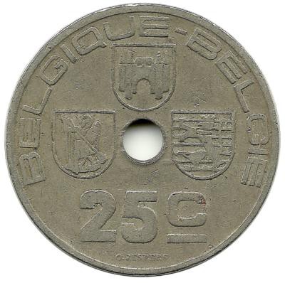 Монета 25 сантимов. 1938 год, Бельгия.  (Belgique-Belgie).